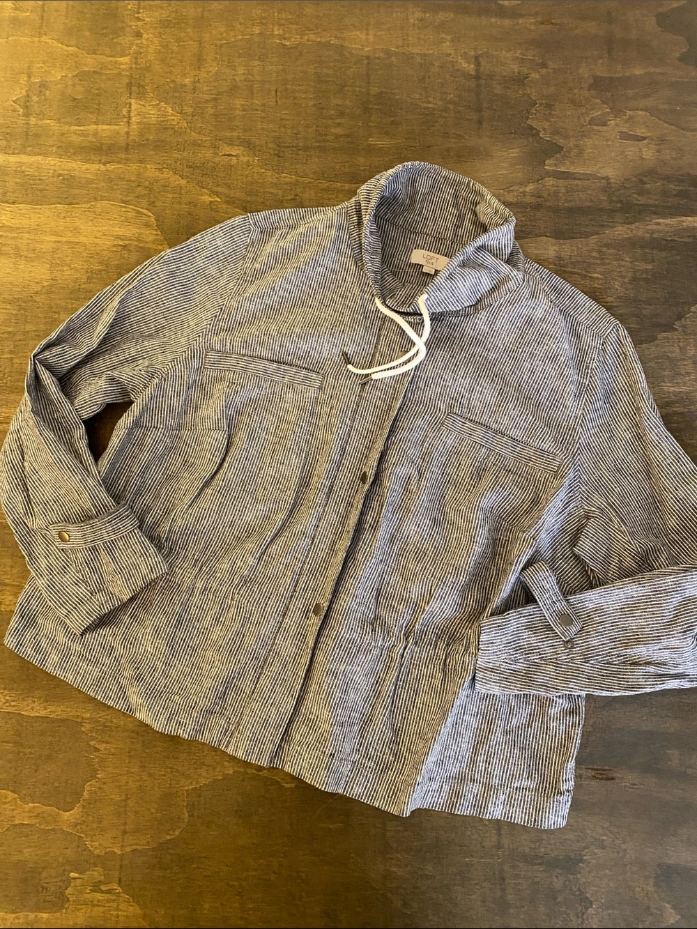 LOFT Blue and White Striped Utility Jacket with Drawstring